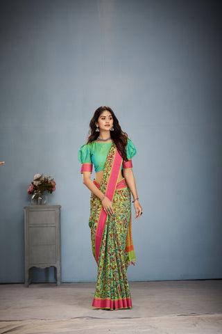 Mangalagiri Cotton saree in Pista Green with Floral tree Digital print