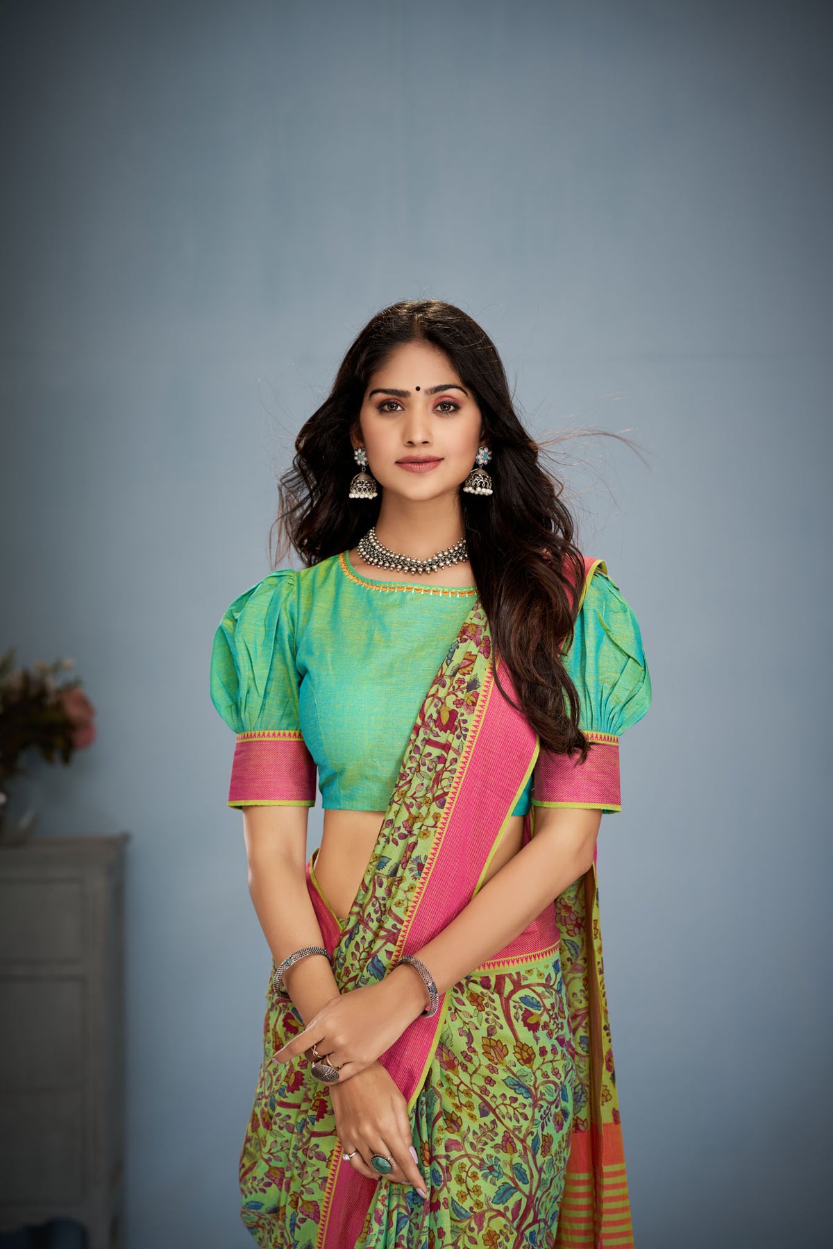 Mangalagiri Cotton saree in Pista Green with Floral tree Digital print