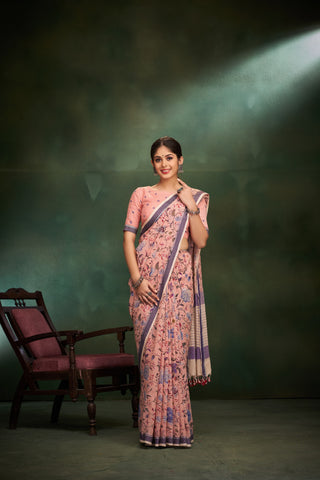 Gadwal Cotton saree in Pastel Pink with kalamkari floral print