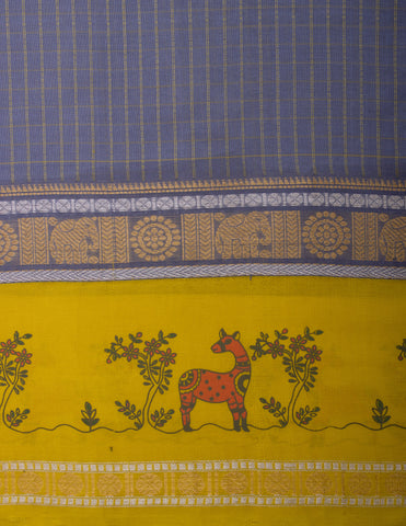 Grey checks with mustard yellow cotton silk saree with block print