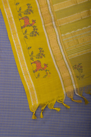 Grey checks with mustard yellow cotton silk saree with block print