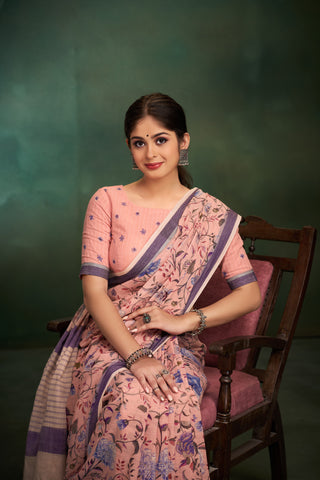 Gadwal Cotton saree in Pastel Pink with kalamkari floral print