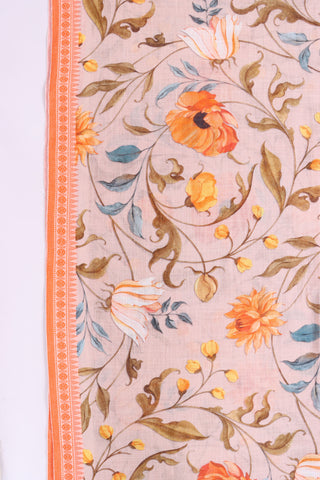 Alikam Khadi-Cotton saree in peach and handprint with floral jaal pattern.