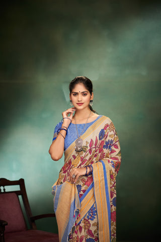 Chettinadu cotton saree in Ivory with Kalamkari print in the body