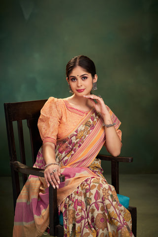 Chettinadu cotton saree in Ivory with Kalamkari print in the body