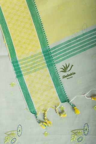 Venkatagiri Cotton saree in Neem Green with Floral hand embroidery