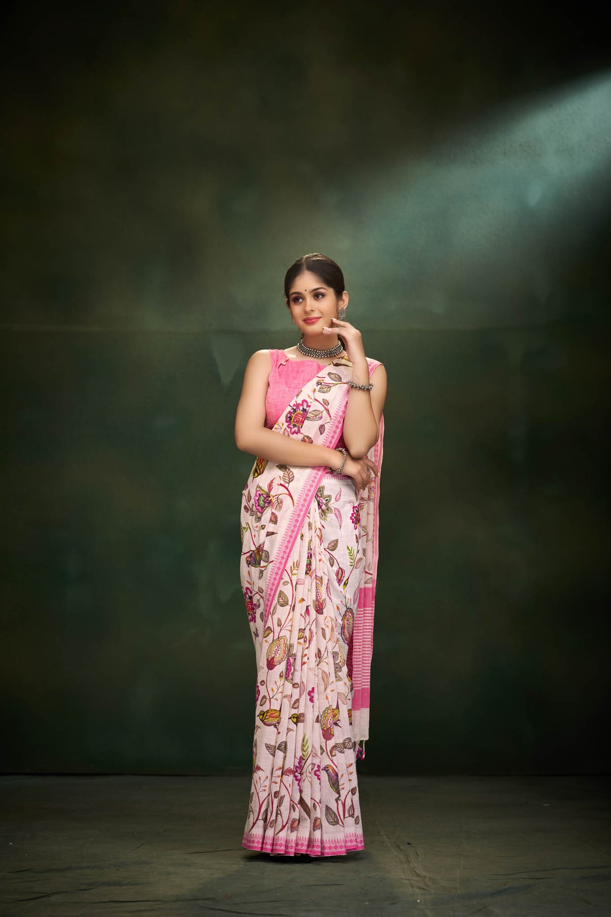 Alikam Khadi-Cotton saree in Off-White and handprint with floral jaal pattern