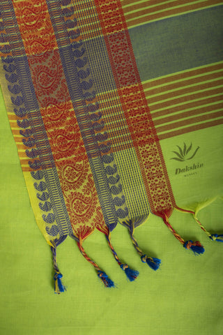 Chettinadu Cotton saree in parrot green colour with hand embroidery blouse