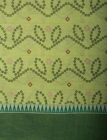 Kollam Cotton saree with lime green hand printed with Bandhani patterned design.