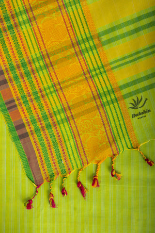 Chettinadu Cotton saree  in parrot green with thin horizontal stripes