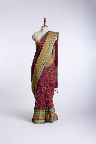 Kanchi Cotton saree with Plum Burgundy colour with Floral Print