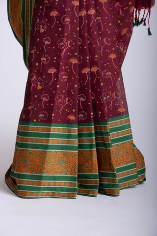 Kanchi Cotton saree with Plum Burgundy colour with Floral Print