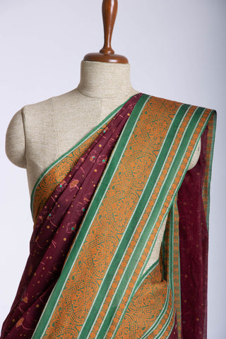 Kanchi Cotton saree with Plum Burgundy colour with Floral Print