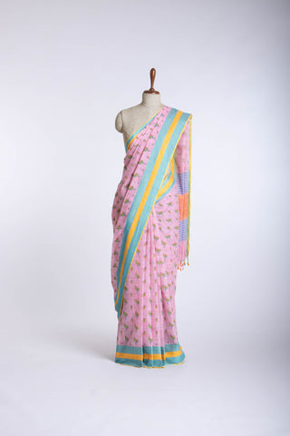 Blush pink ikkat cotton saree with flamingo motifs hand printed.