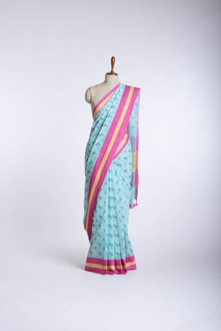 Blush pink ikkat cotton saree with flamingo motifs hand printed.