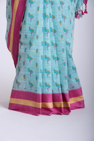 Blush pink ikkat cotton saree with flamingo motifs hand printed.