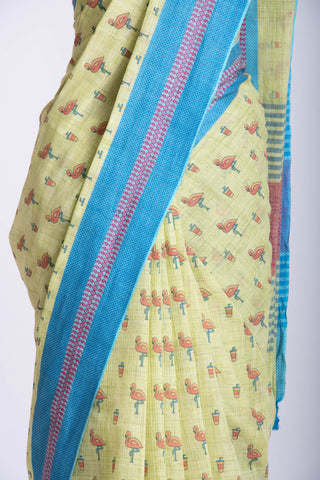 Blush pink ikkat cotton saree with flamingo motifs hand printed.