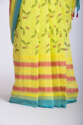 Chettinadu Cotton Saree in Lime Green and unique Block print motif.