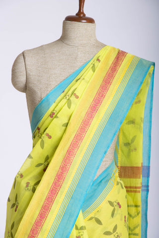 Chettinadu Cotton Saree in Lime Green and unique Block print motif.