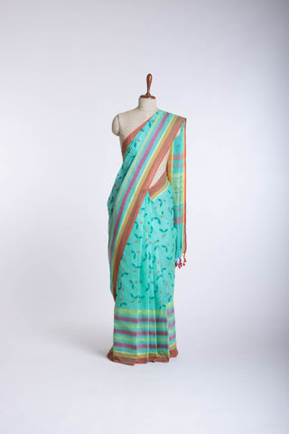 Chettinadu Cotton Saree in Lime Green and unique Block print motif.