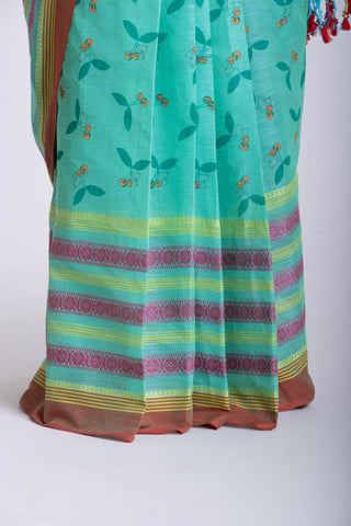 Chettinadu Cotton Saree in Lime Green and unique Block print motif.