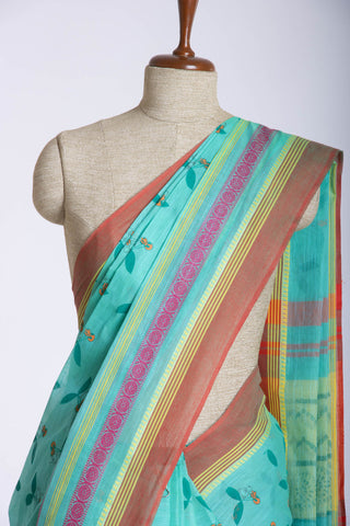 Chettinadu Cotton Saree in Lime Green and unique Block print motif.