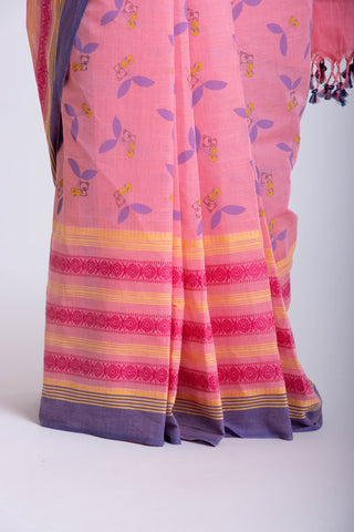 Chettinadu Cotton Saree in Lime Green and unique Block print motif.