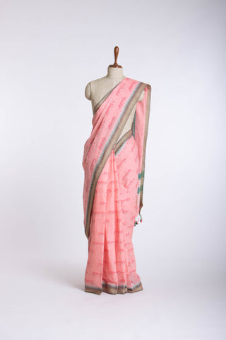 Alikam Khadi-Cotton saree in Lime Green and Grass leaf hand print.