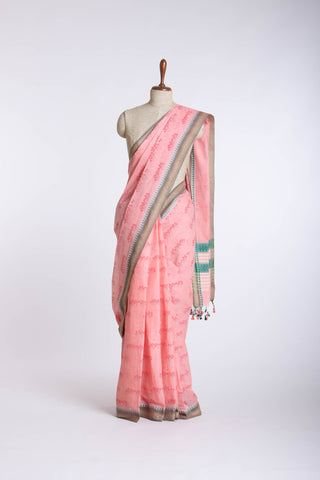 Alikam Khadi-Cotton saree in Lime Green and Grass leaf hand print.