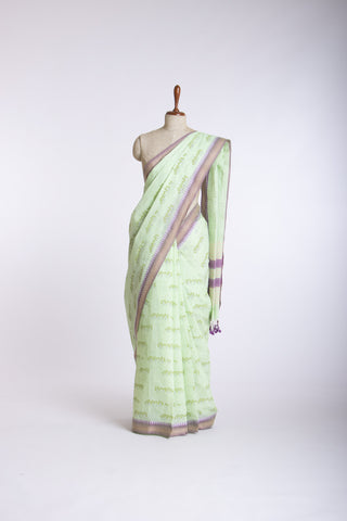 Alikam Khadi-Cotton saree in Lime Green and Grass leaf hand print.