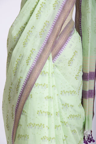 Alikam Khadi-Cotton saree in Lime Green and Grass leaf hand print.