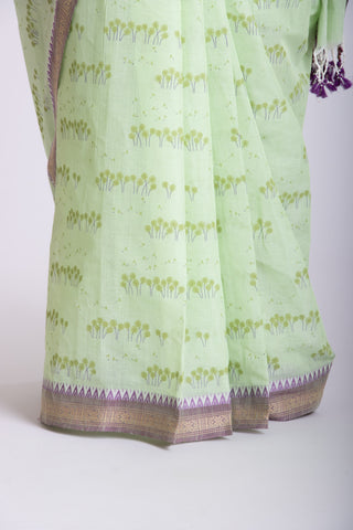 Alikam Khadi-Cotton saree in Lime Green and Grass leaf hand print.