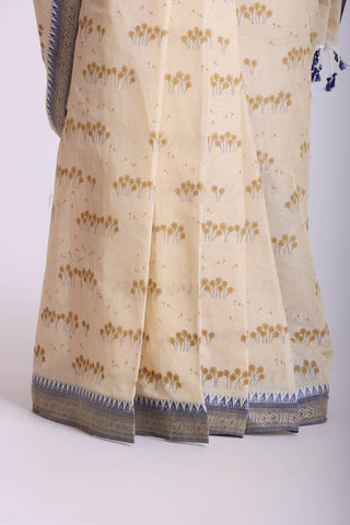 Alikam Khadi-Cotton saree in Lime Green and Grass leaf hand print.