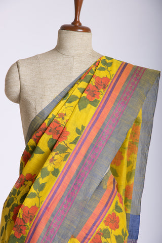 Kanchi Cotton saree in bright pink color with floral print.