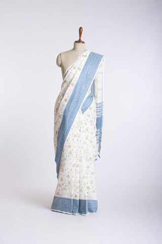 Chettinadu Cotton saree in Off-White and handprint