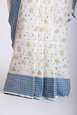 Chettinadu Cotton saree in Off-White and handprint