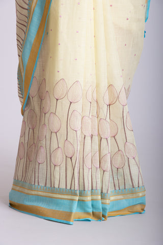 Alikam Khadi cotton saree in baby blue with lotus buds design hand embroidered.