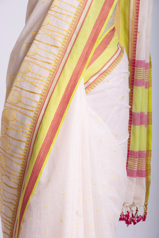 Alikam Khadi cotton saree in baby blue with lotus buds design hand embroidered.