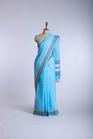 Alikam Khadi cotton plain saree in sky Blue slub textured weave