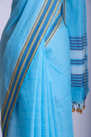 Alikam Khadi cotton plain saree in sky Blue slub textured weave