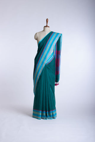 Alikam Khadi cotton plain saree in Midnight Green slub textured weave.