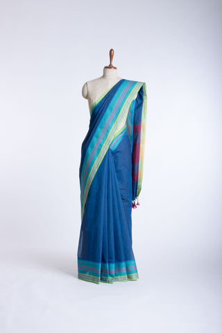 Alikam Khadi cotton plain saree in Midnight Green slub textured weave.