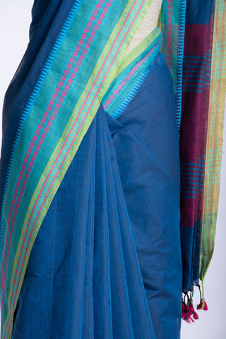 Alikam Khadi cotton plain saree in Midnight Green slub textured weave.