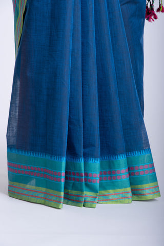 Alikam Khadi cotton plain saree in Midnight Green slub textured weave.