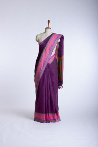 Alikam Khadi cotton plain saree in Midnight Green slub textured weave.