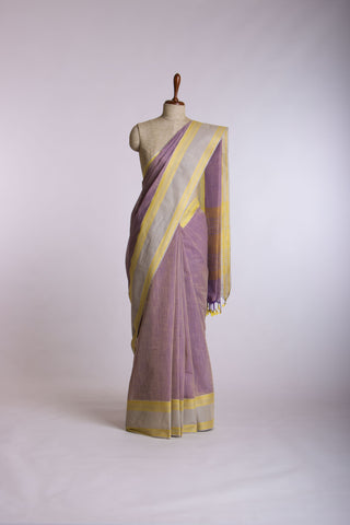 Alikam Khadi cotton plain saree in Lavender slub textured weave.