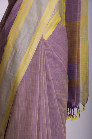 Alikam Khadi cotton plain saree in Lavender slub textured weave.