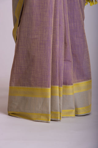 Alikam Khadi cotton plain saree in Lavender slub textured weave.