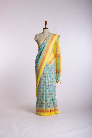 Alikam Khadi-Cotton saree in Mint Green and Block Print of Birds