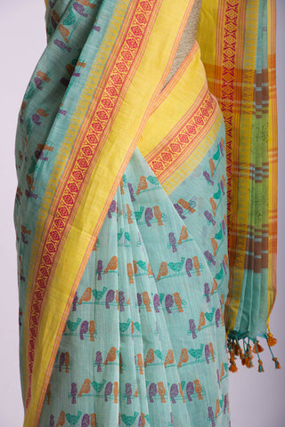 Alikam Khadi-Cotton saree in Mint Green and Block Print of Birds